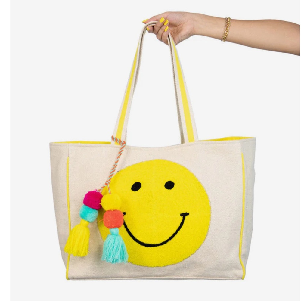 NWT Katydid Cream Tote with Yellow Smiley and Colorful Tassels